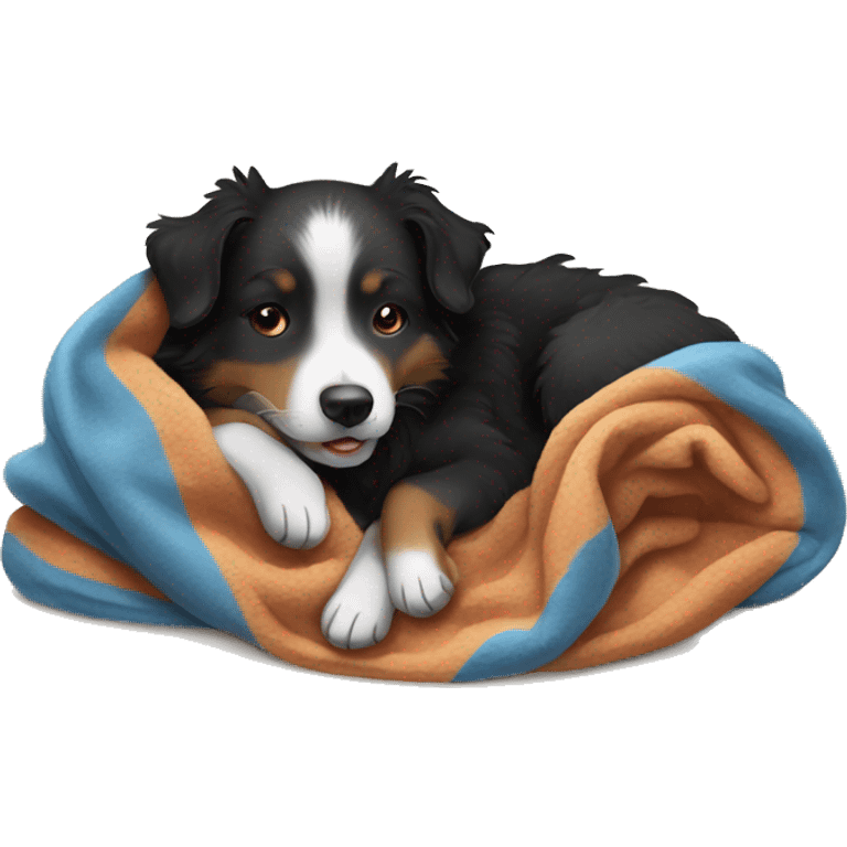 Small black australian shepherd dog sleeping with blanket  emoji