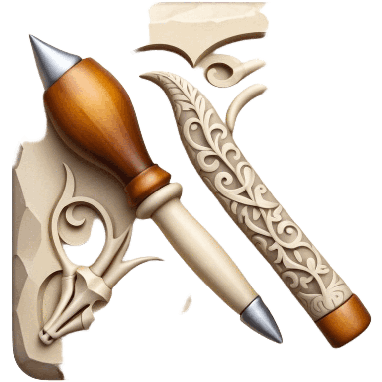 Carving icon, stone, bone, and horn with detailed patterns, carving tools, minimalistic style, clean lines, transparent background. emoji