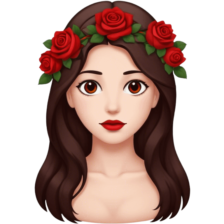 Beautiful, rose, red, flowers in hair, long dark brown hair, white fair skin emoji