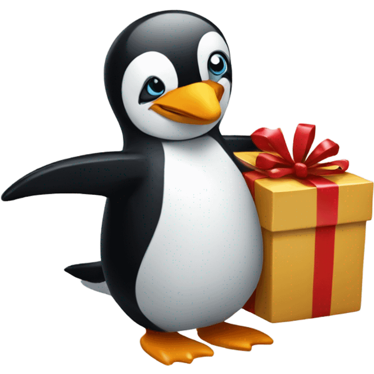 Christmas penguin with a gift emoji