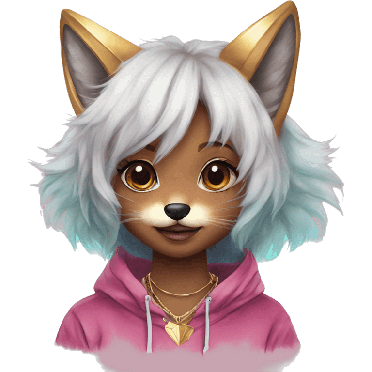 Pink magenta burgundy maroon cyan beige gray fox wearing a pink hoodie with gold jewellery gold piercings gold ear piercing gold nose piercing vintage watercolour tie dye black raven wings emoji