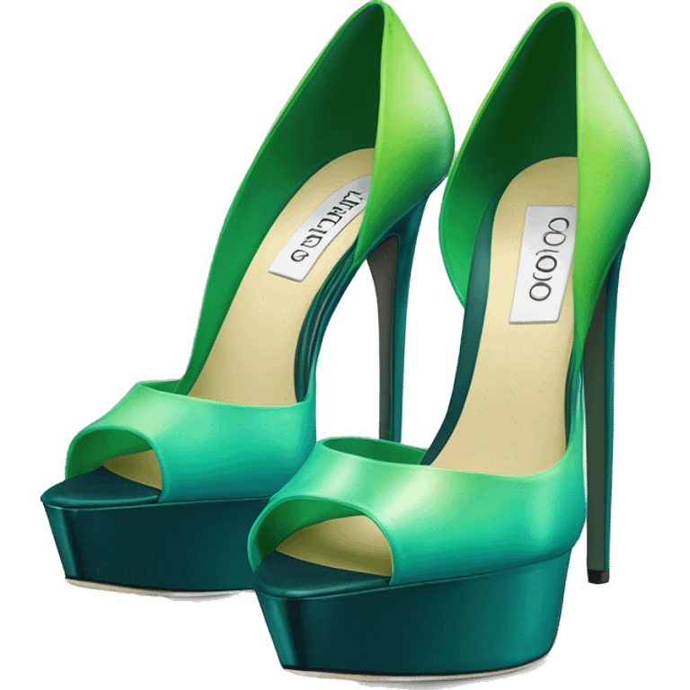 Realistic isolated top view of a pair of dark teal,lime green,mint green and emerald green ombre Jimmy Choo high heel shoes. emoji