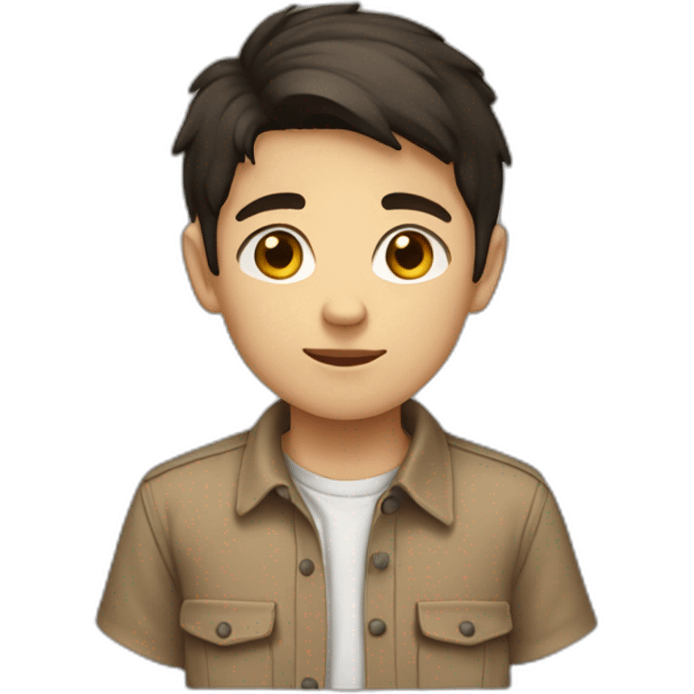 short dark hair white young boy in brown button up shirt with a tshirt under emoji