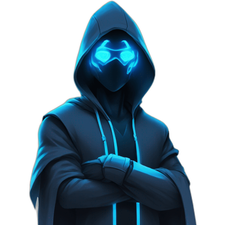 developer behind his laptop with the style of Riot Games Valorant neon blue eyes glowing bright blue Video game character blue black hooded assassin themed character shrouded wraith emoji