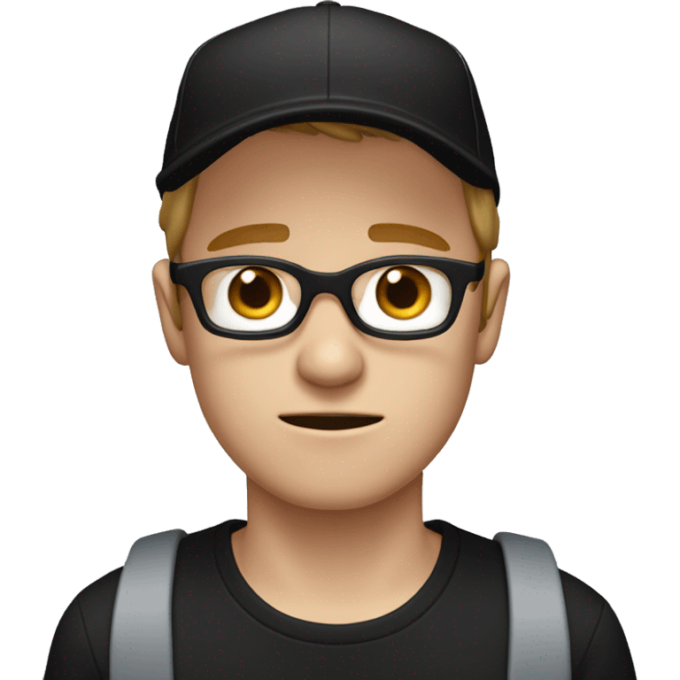 white male with blue eyes, black glasses, black cap and black t-shirt crying emoji