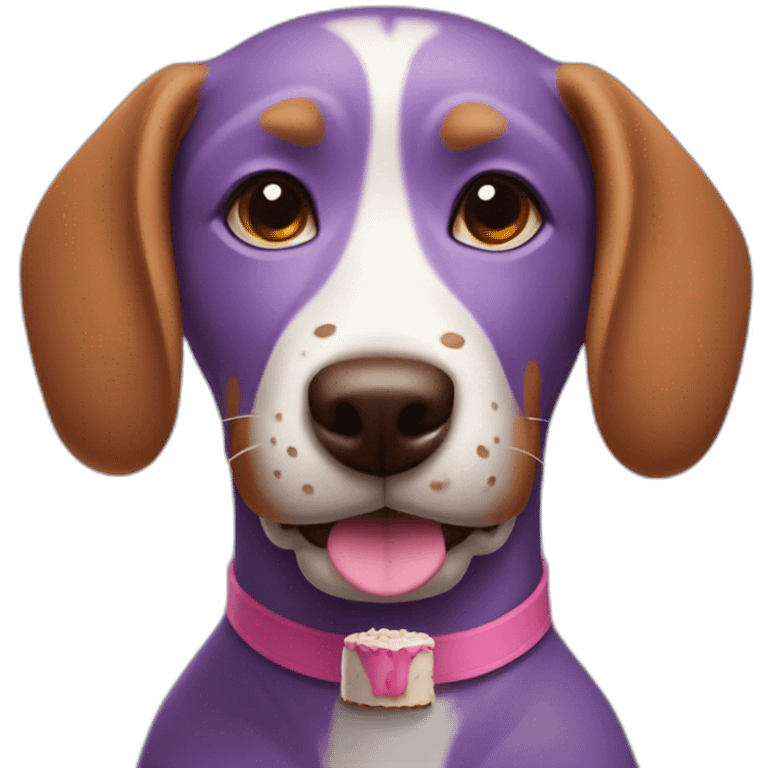 a purple dog with a brown nose and a pink collar with a bone eat cake emoji