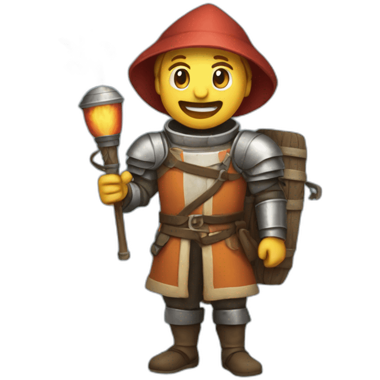 medieval Pyrotechnician holding a rocket in one hand and a torch in the other emoji