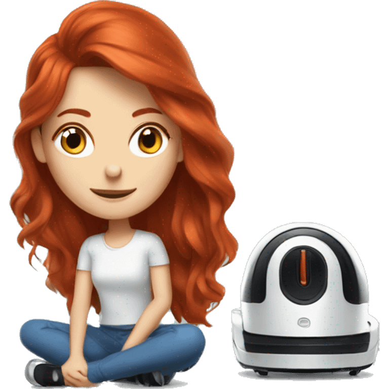 A long haired redhead lady sitting next to a robot vacuum  emoji