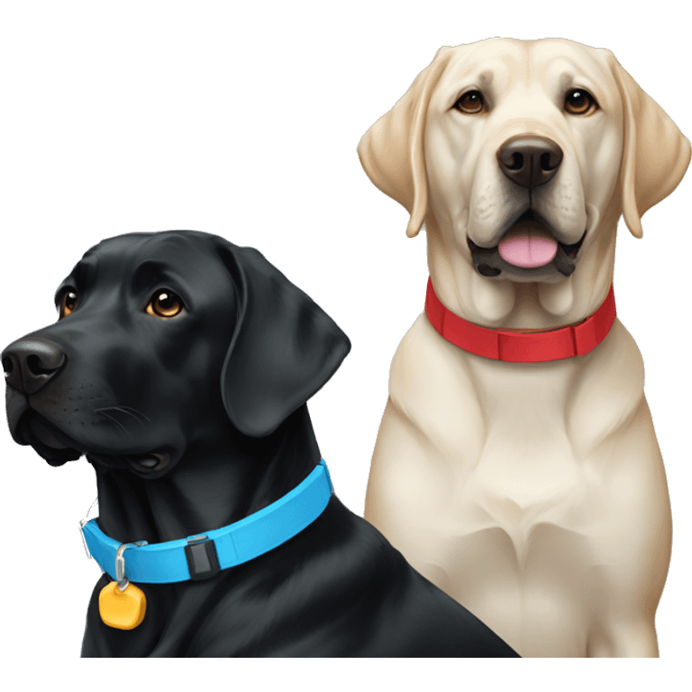 2 black labradors, one with a light blue collar, one with red collar. emoji