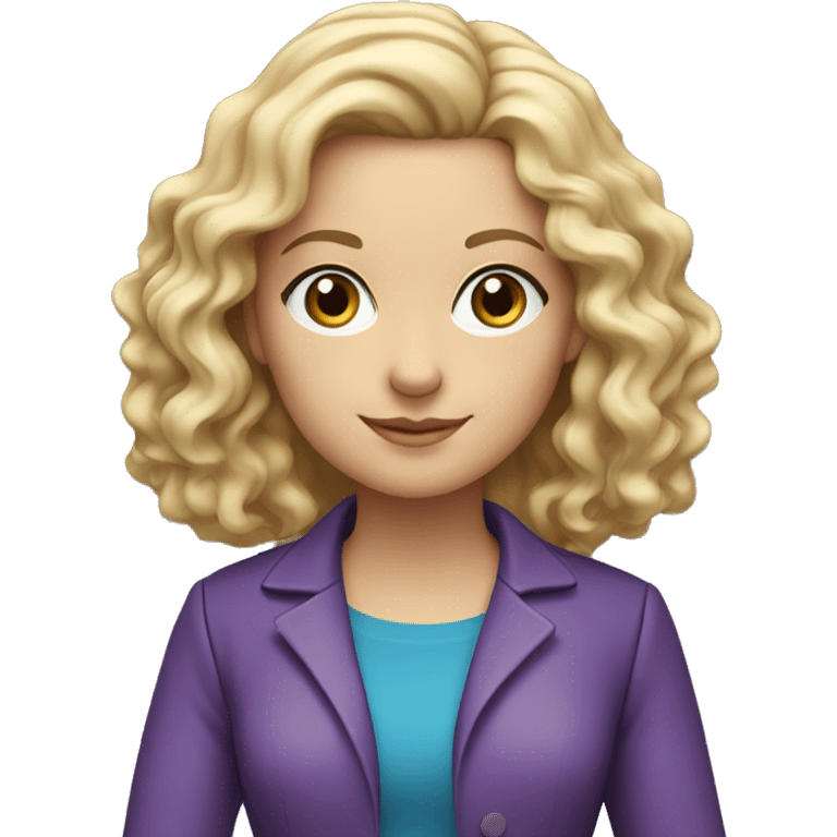 Woman teacher, blonde long curly hair,  blue eyes, purple jacket, with book emoji