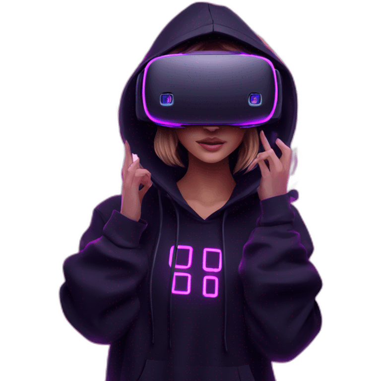 Russian girl wearing a black hoodie with "OMG" letters on it and VR headset in a cyberpunk VR environment with violet neon lighting. emoji