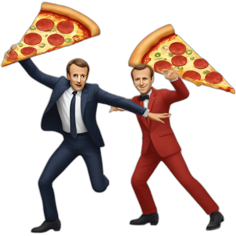 Emmanuel Macron dancing salsa with a pizza on his hand emoji