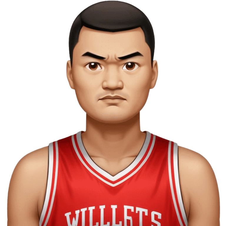 Yao Ming – Cinematic Realistic Portrait of Yao Ming, depicted as a towering basketball icon in a modern uniform, with a gentle yet determined expression and dynamic arena lighting that highlights his immense stature and graceful athleticism. emoji