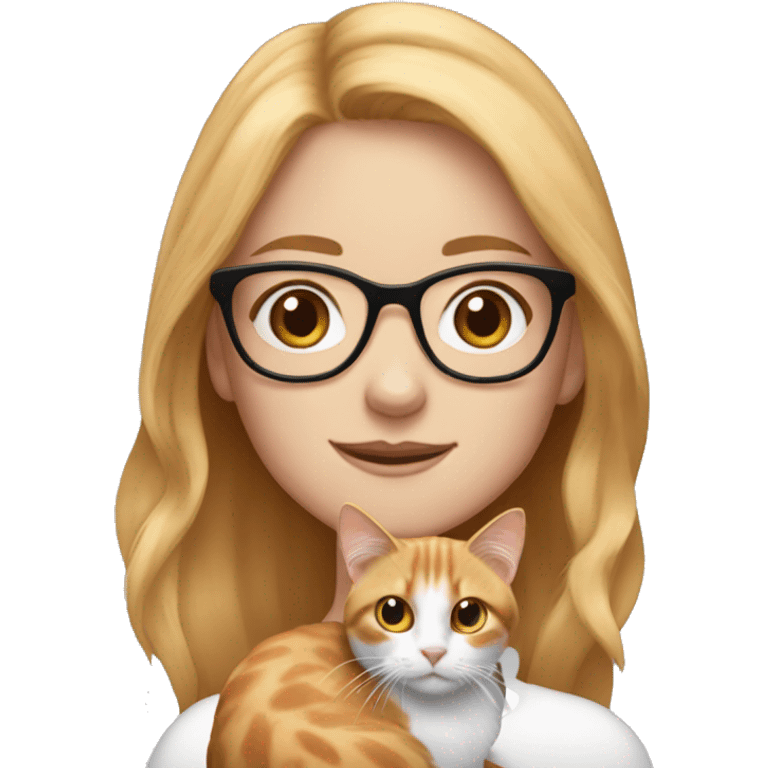 White skin strawberry-blonde haired girl with glasses holding long-haired calico cat emoji