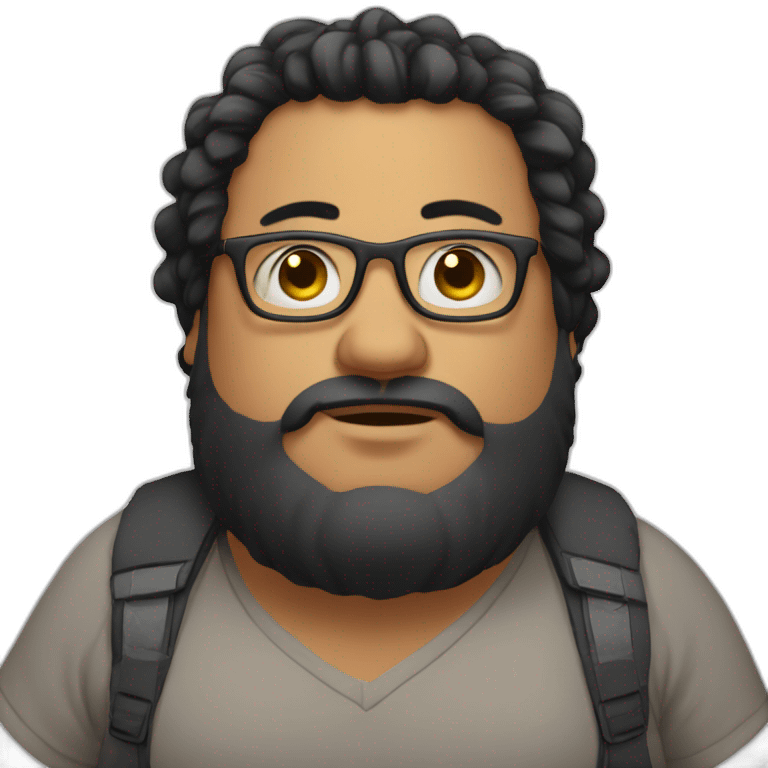 Short man with lots of black hair and beard, very fat with glasses in his hair, dressed like a bum. emoji