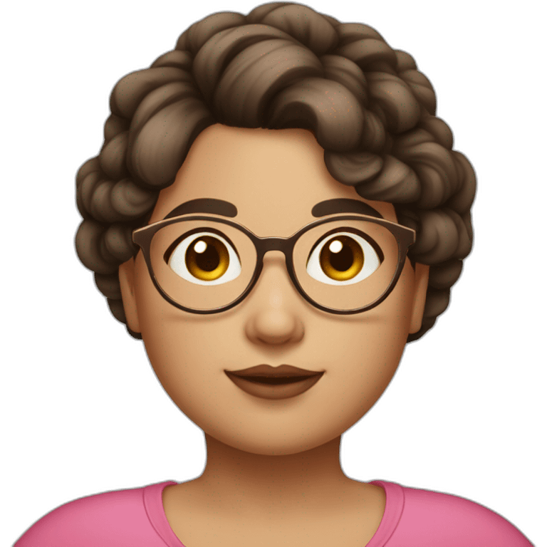 chubby girl with hairtie, dark brown hair and round rose-golden glasses, slightly rounder face emoji