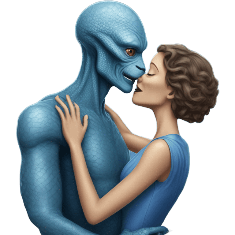 White man in blue dress  hugs and kissing Alien reptilian woman in silver dress  emoji