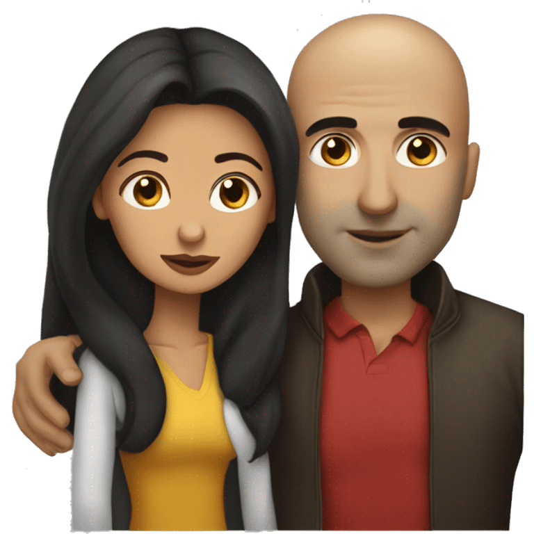 short venezuelan woman with long dark hair kissing tall bald american man emoji