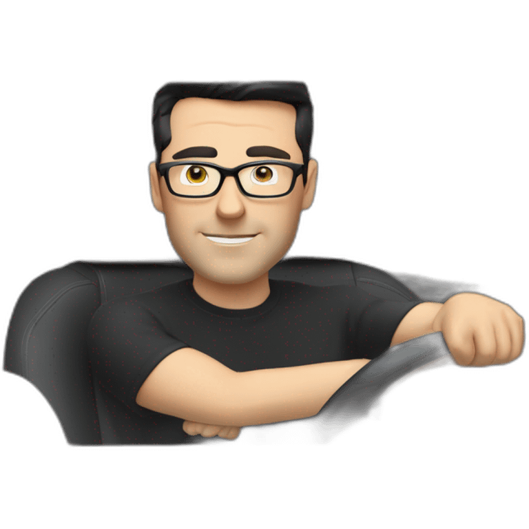 middle-age-lean-white-man-with-black-hair-&-glasses-wearing-tesla-t-shirt-inside-left-drive-black-tesla-model-3, at the wheel, front view emoji