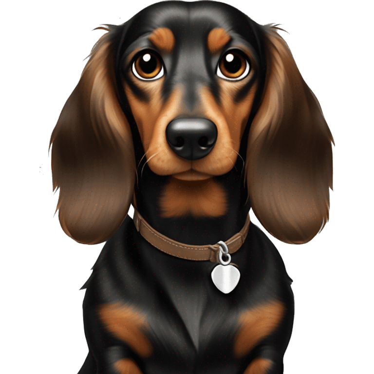 Black and Brown medium long hairs dachshund with a bone collar that says “Benny” emoji