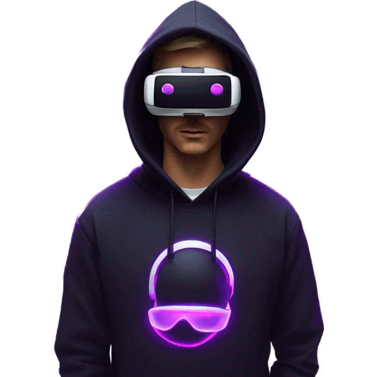 Russian man wearing a black hoodie with "OMG" letters on it and VR headset in a cyberpunk VR environment with violet neon lighting. emoji