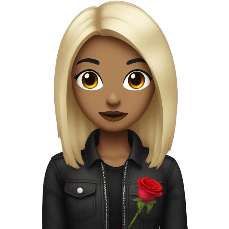 Black straight hair and makeup and holding a rose and black clothes with an Emo style emoji