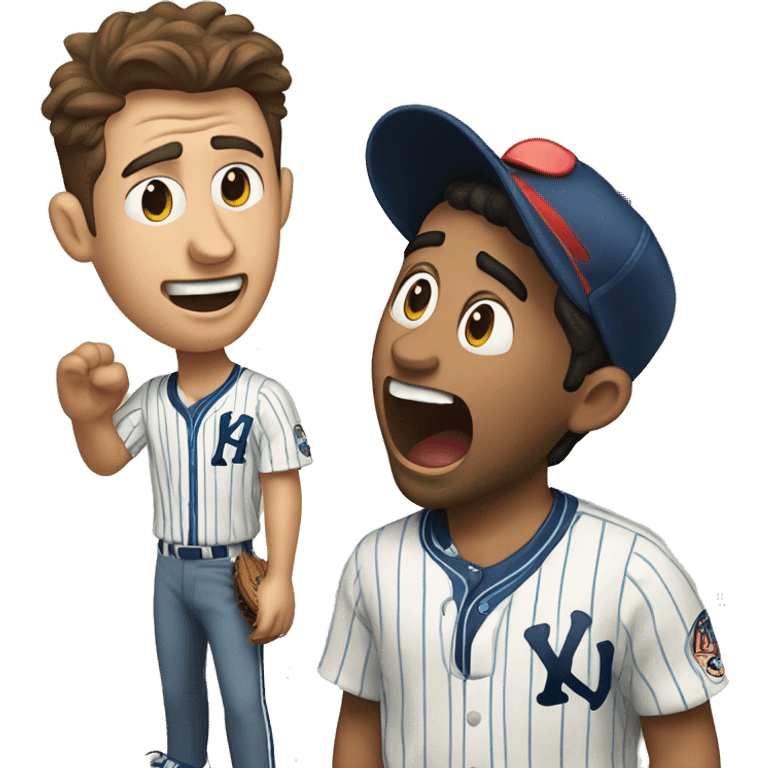 Man with brown hair wearing a hawaiian shirt yelling at a Latino baseball player wearing pinstripes  emoji