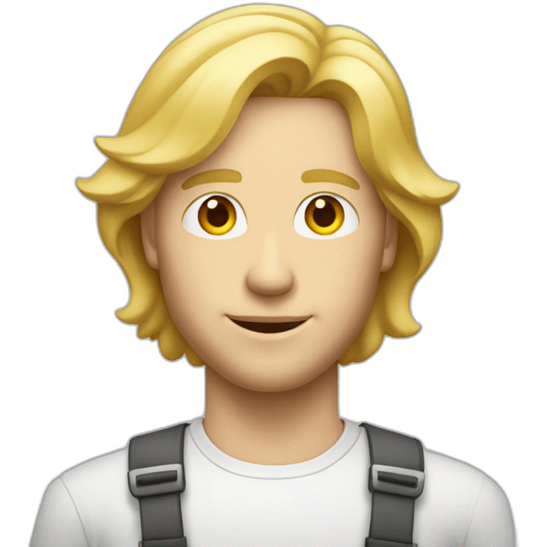 Blond man architect, with mid long blond hair, posing next to a house emoji