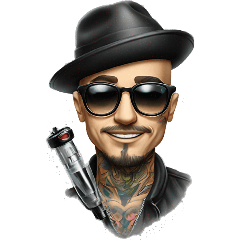 hat and glasses man tattoo artist with tattoo holding tattoo machine emoji