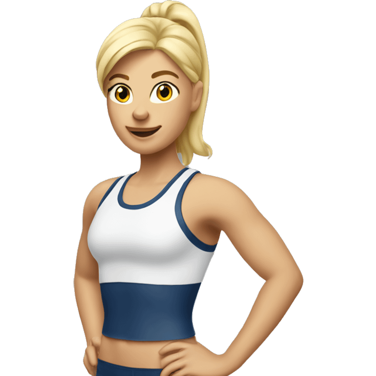 blonde woman in sport top raising her hand hello emoji