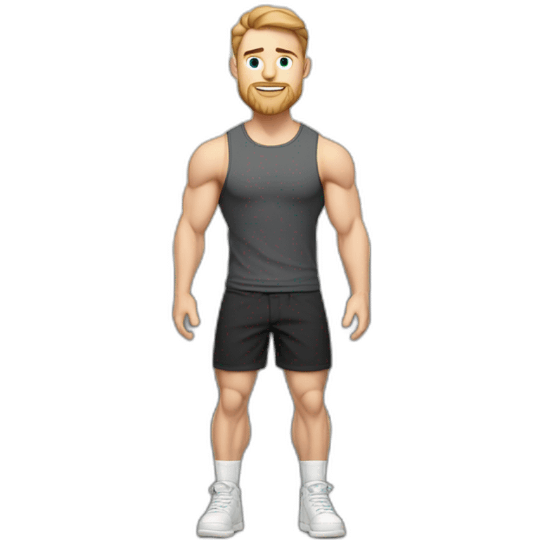 Full height Pale skinned muscular man With Realistic eyes and mouth, light brown hair and stubble In dark gray sleeveless mike, black oversize sports shorts, watch and white sneakers. emoji