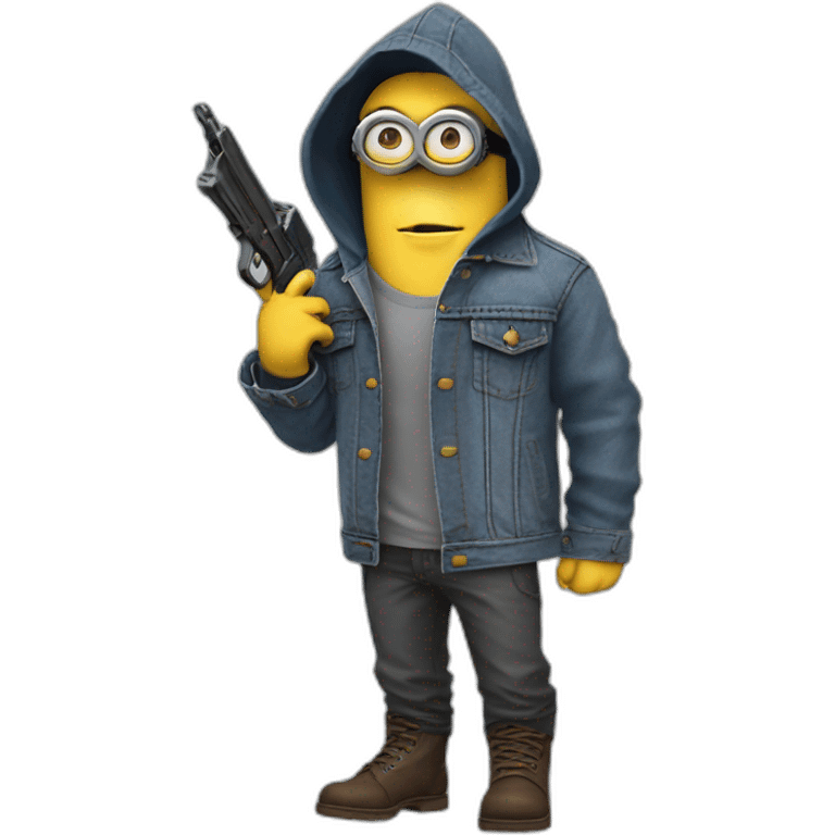 minion in a denim jacket in a hood, his face is not visible on the left side of his face gray pants and leather boots,holds pistols in both hands emoji