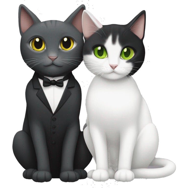 grey and white tuxedo cat with green eyes, cuddling with an all black cat with yellow eyes emoji