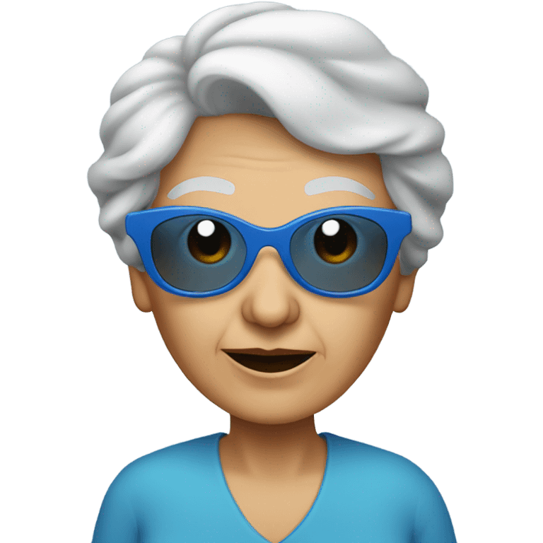 Massive round blue sunglasses on old lady with blue top emoji