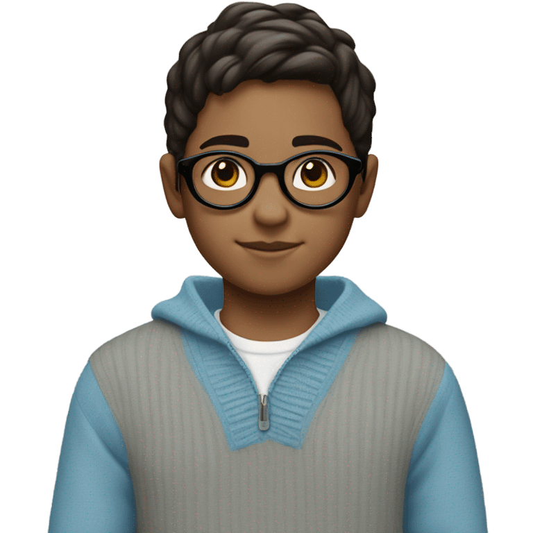 A little boy that is about 10 years old, fair skin, wearing circular glasses and dark brown hair and a light blue sweater emoji