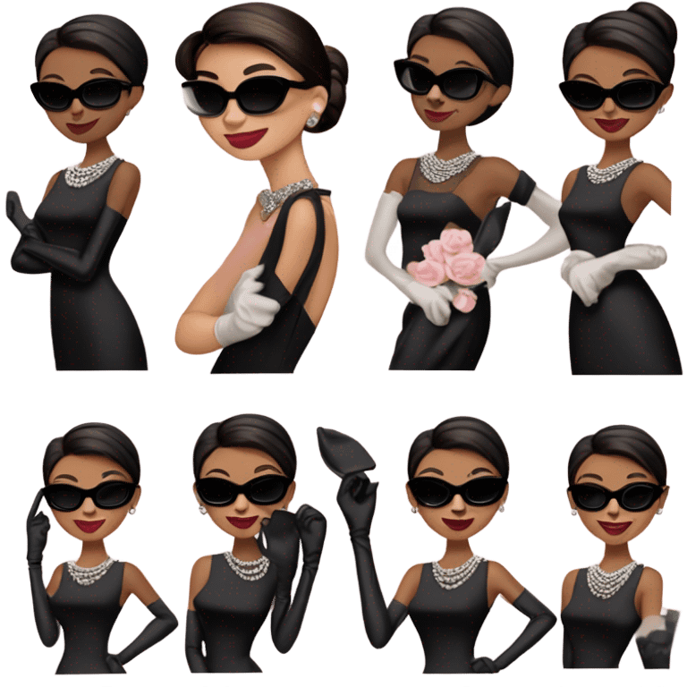 A single, simple and basic emoji of cute, smiling Audrey Hepburn from Breakfast at Tiffany’s wearing black dress, black gloves, black sunglasses, sliver necklace, and light pink lips, brown skin emoji