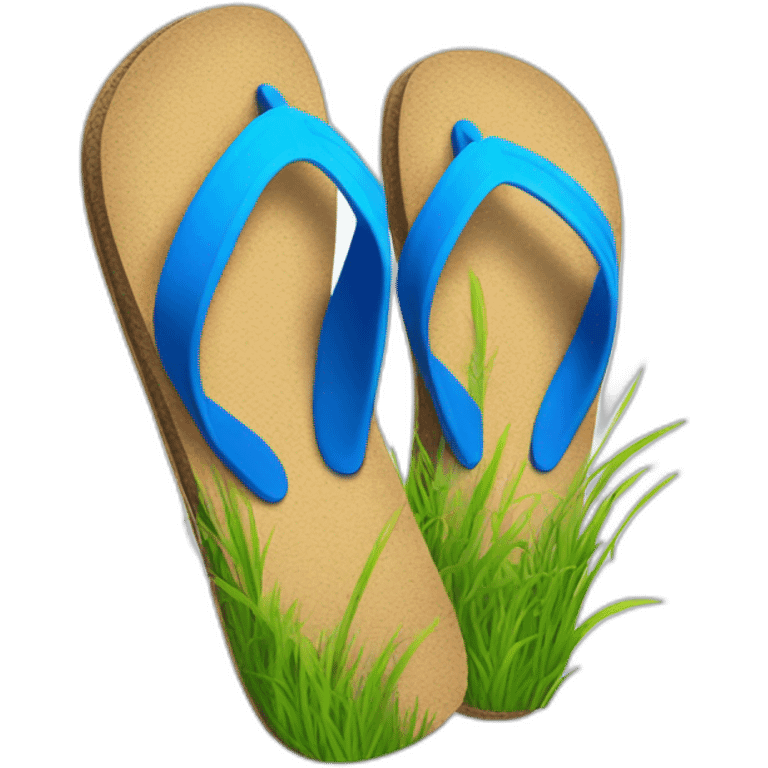 flip flops with grass all along the footbed, with a blue strap and post emoji