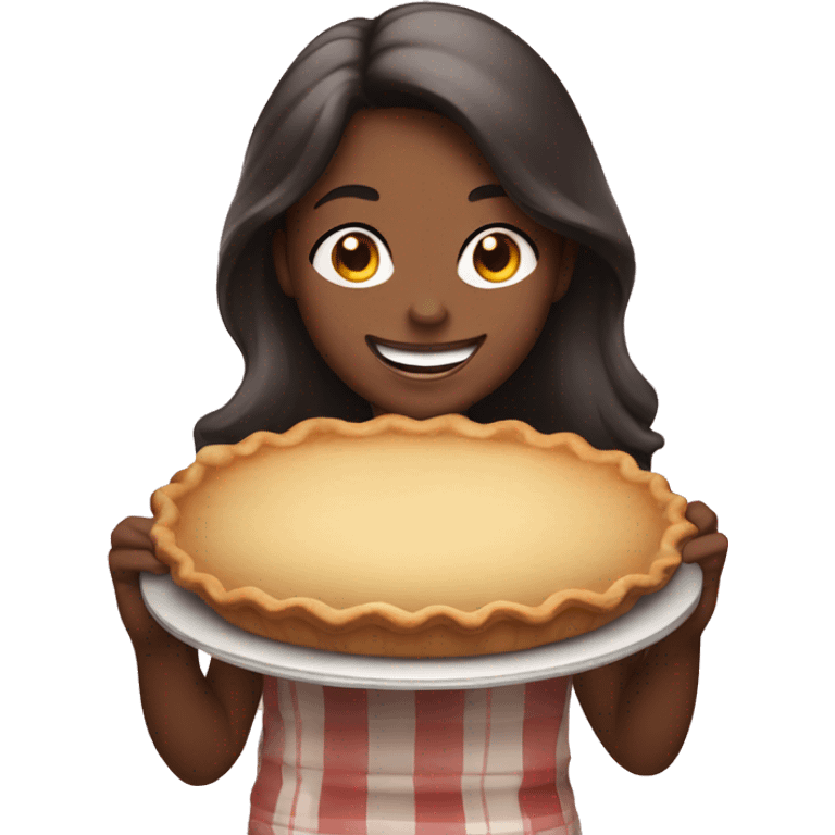 smiling girl holding pie indoors emoji