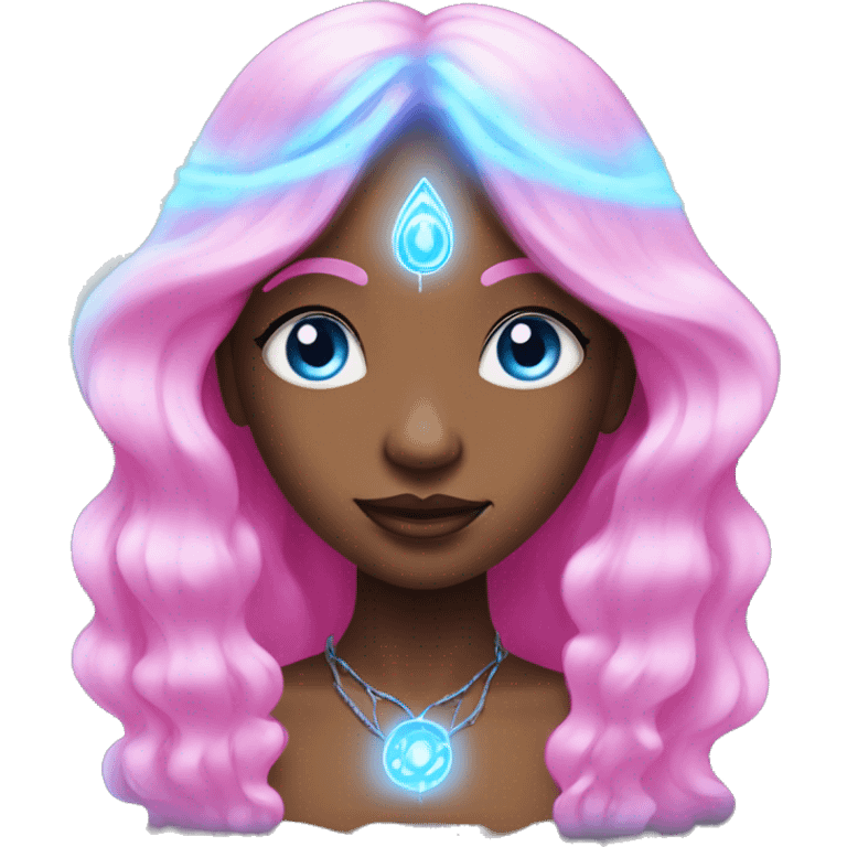 magical diva with pink andromedan skin long hair and blue eyes glowing third eye emoji