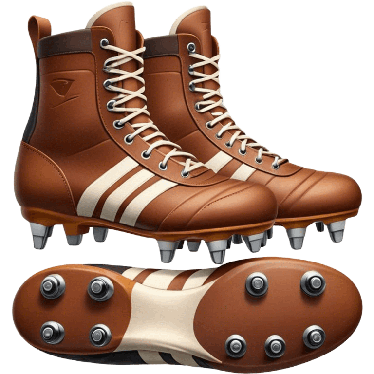 Cinematic Realistic image of a pair of rugby boots, showcasing sturdy leather construction, detailed cleat patterns and textured surfaces, illuminated by vibrant outdoor lighting that captures their athletic purpose emoji