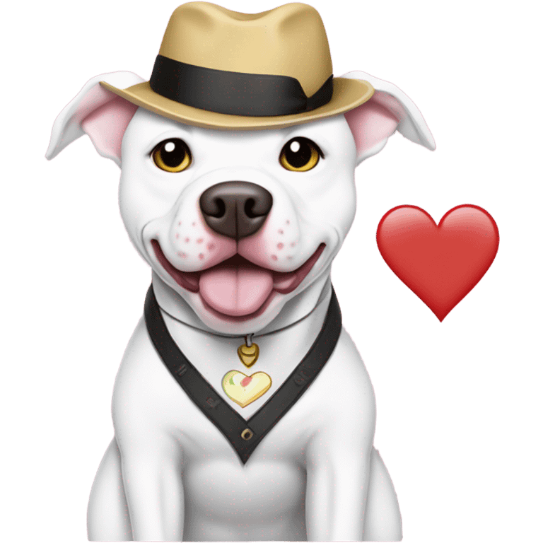 White pitbull with a shirt that says I heart gays emoji