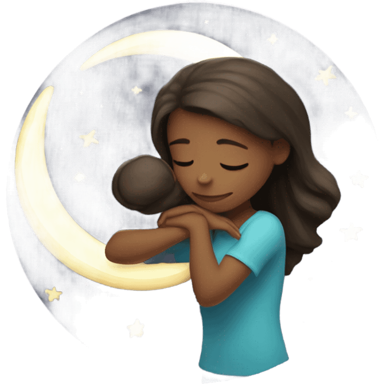 Girl hugging a groovy moon emoji