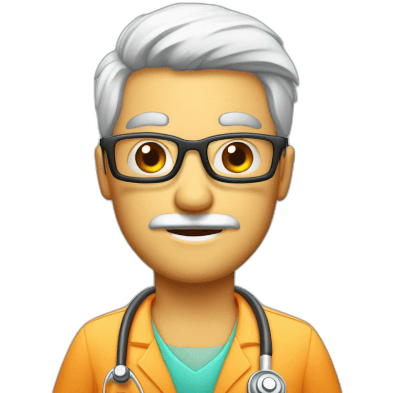 Hombre médico muy delgado, sin bigotes, de pelo blanco escaso, con gafas transparentes con un estetoscopio en el cuello emoji