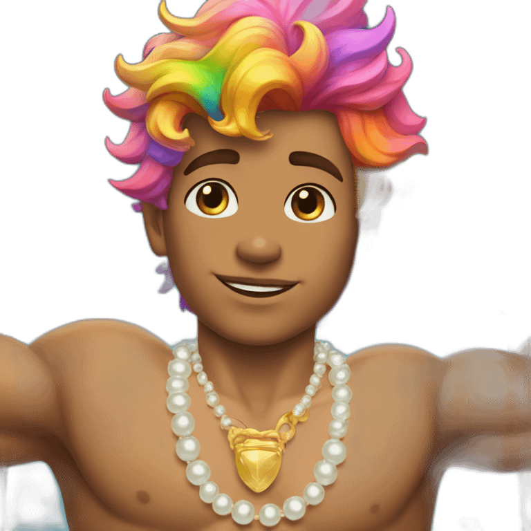 posh-muscle-boy-with-pearl-necklace-and-rainbow-unicorn-hair-in-golden-bathtub emoji