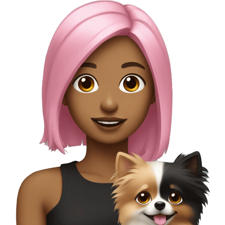 Girl with pink hair holding a black and tan pomeranian emoji