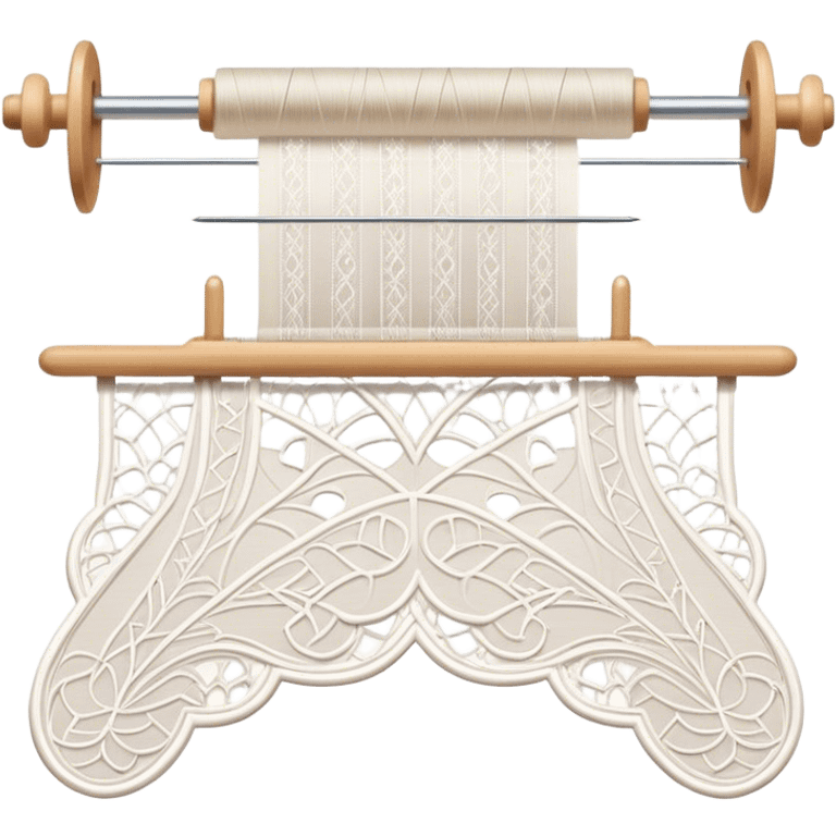 Lace making icon, lace patterns in progress, shuttle, thread, bobbins, intricate details, minimalistic style, clean lines, transparent background. emoji