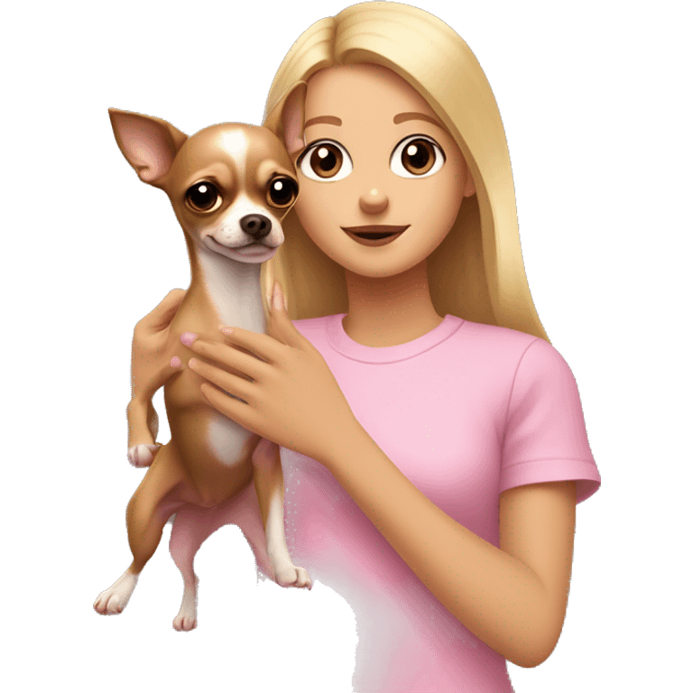 A girl with straight long blonde hair with pale pink lips and brown eyes in a pink T-shirt holds a dark brown chihuahua in her hands up to the waist emoji