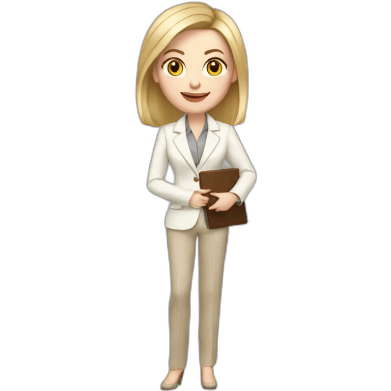 Full height pale skin woman with blonde Straightened bob Hair, White classical jacket, beige Arrow pants and gray blouse holding a color palette in the hands emoji