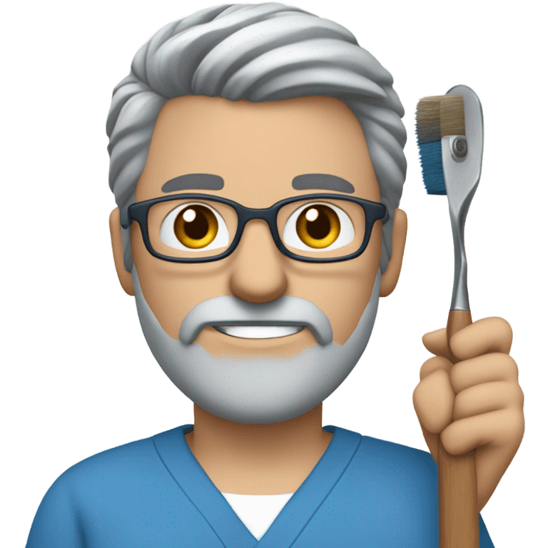 male dark blond doctor with grey beard with hazel eyes and small wire-rimmed glasses in blue scrubs holding a paintbrush and saw emoji