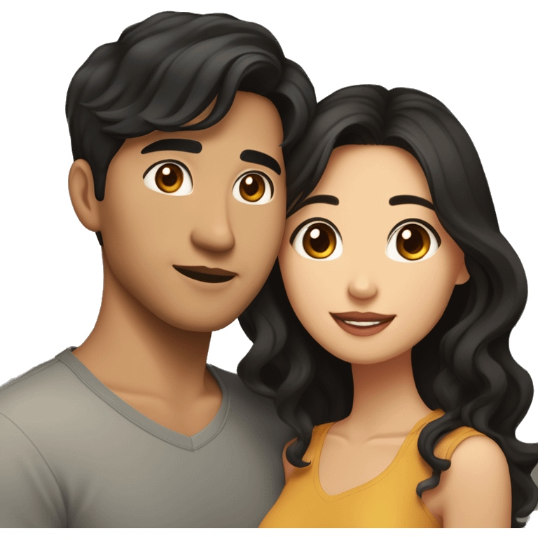 A half pale Asian man with short dark hair and amber eyes embracing and loving a half Asian woman with long wavy dark hair and dark hazel eyes. They love each other a lot And have good fashion taste. And are having a lot of fun emoji